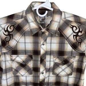 Rock 47 by Wrangler Plaid Western Shirt Mens Size Medium Embroidered Brown White